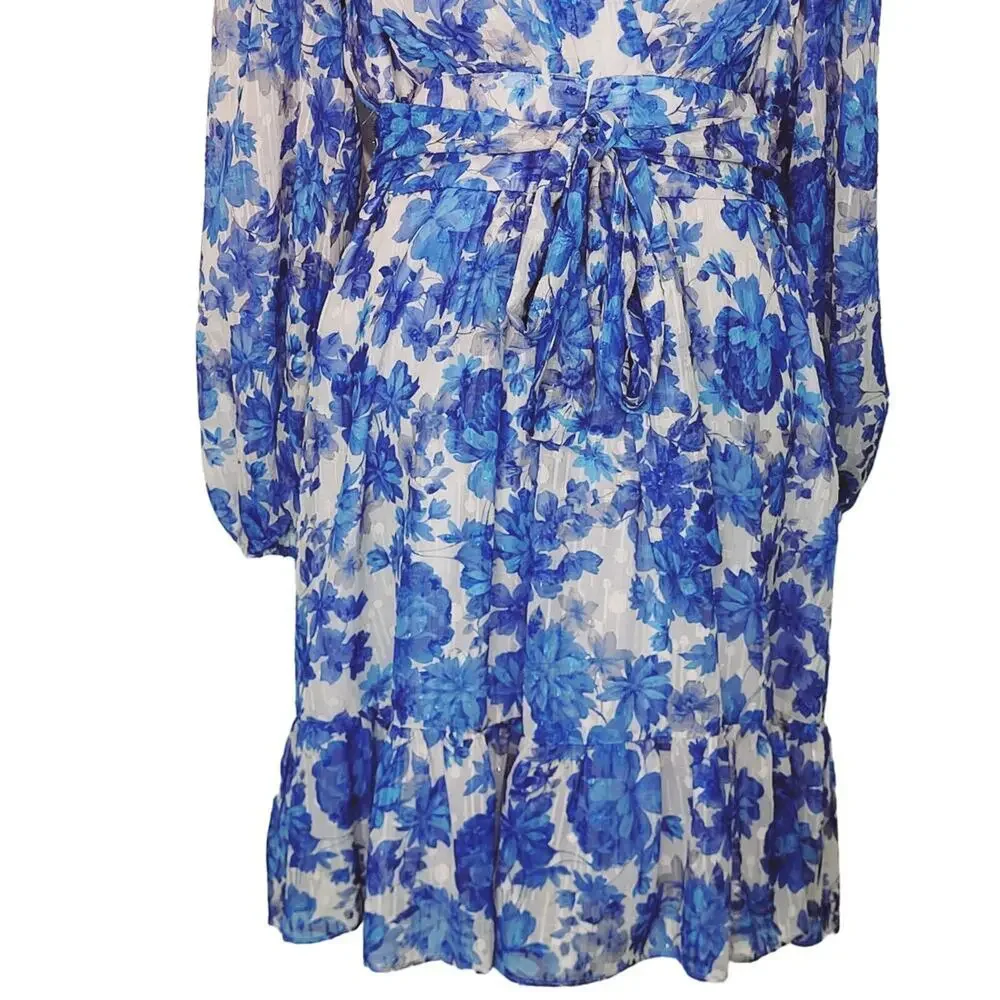 Alex Marie Simone Cobalt Floral Print Puff Sleeve Tiered V-neck Dress 18W NWT - Picture 4 of 14